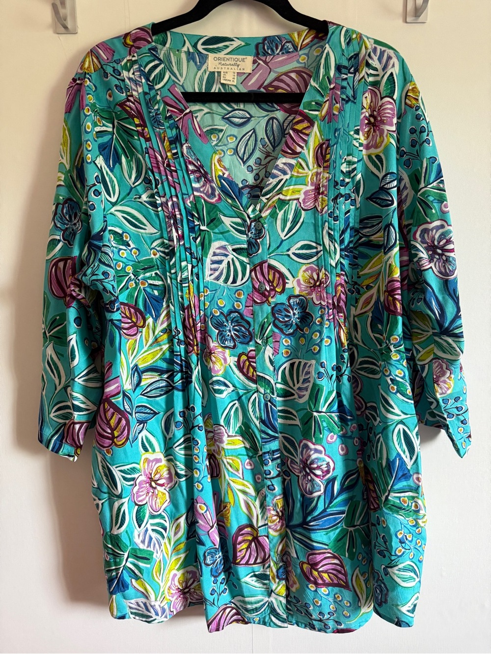 Orientique Australia XL 100% Rayon Floral Tunic Blouse Tropical Button Front